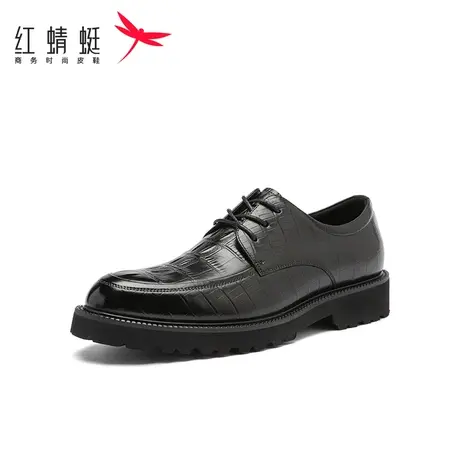 红蜻蜓2024年新款商务休闲中跟皮鞋男冬季黑色系带真皮舒适男单鞋商品大图