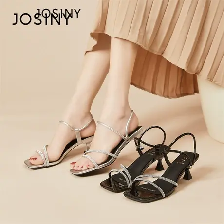 Josiny/卓诗尼凉鞋女2024春季新款一字带方头水钻细跟凉拖高跟鞋商品大图