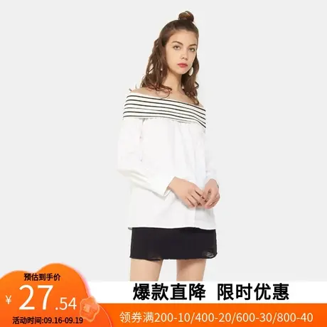 【断码XS/S】艾格2022夏天新款时尚条纹一字领宽松上衣衬衫W1431商品大图