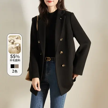 娅丽达毛呢黑色百搭西装外套女2023冬季加厚休闲小个子呢子大衣女商品大图