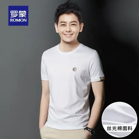 罗蒙男士短袖T恤夏季薄款冰丝光棉圆领刺绣男装打底衫上衣服体恤商品大图