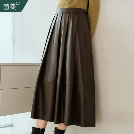 茵曼垂坠感皮裙半身裙女2023冬新款高腰显瘦中长款pu皮包臀百褶裙商品大图