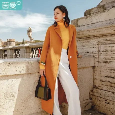 茵曼 特价清仓翻领绑带羊毛混纺长款拉风呢大衣女双面呢外套图片