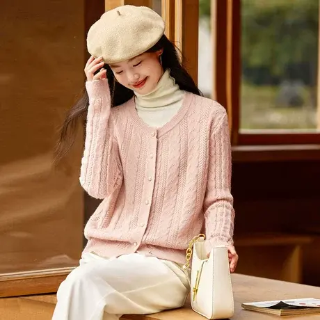 时尚气质温柔开衫2023年秋季新款女装修身百搭纯色长袖短款毛衣商品大图