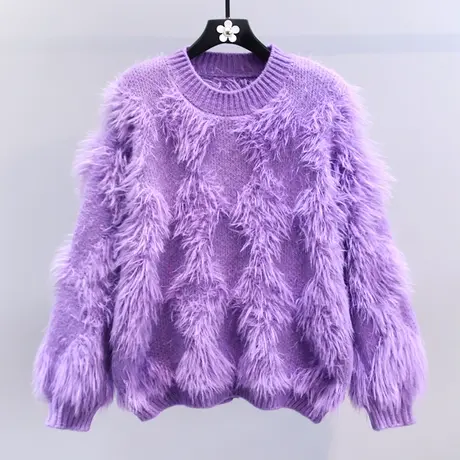 高级感紫色毛衣女秋冬2023新款宽松慵懒风设计感小众加厚针织上衣商品大图