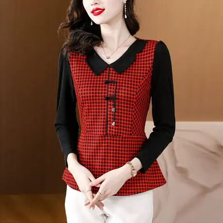 格子衬衫女2023秋季新款娃娃领长袖气质修身显瘦收腰遮肚子女上衣图片