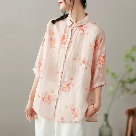 dza 复古翻领苎麻女士衬衫2023夏季宽松短袖衬衣气质漂亮开衫上衣商品大图