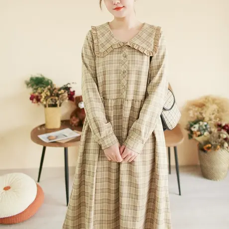 胖妹妹秋2023新品格纹优雅宽松连衣裙大码微胖木耳边撞色显瘦长裙商品大图