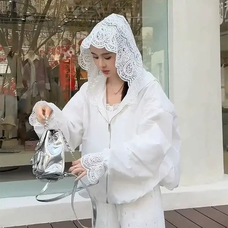 欧货高端2025年春季新款连帽蕾丝拉链薄款冲锋衣夹克短外套女上衣商品大图