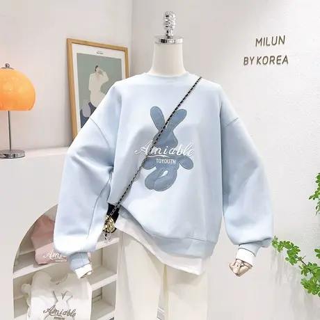2023春秋款卫衣韩国东大门ins奶油系兔子假两件套头长袖上衣大码图片