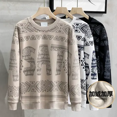 加绒印花卫衣男装2021新款秋冬季潮牌ins圆领设计感痞帅长袖上衣商品大图