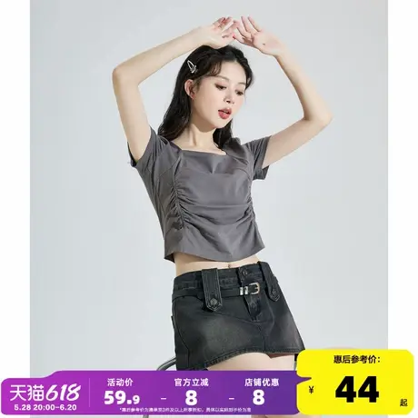 唐狮短袖t恤女2025新款爆款夏季抽褶设计收腰显瘦设计感短上衣sz商品大图