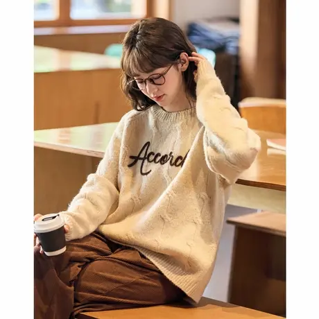 唐狮毛衣套头韩系新款秋冬女小个子宽松小众慵懒风绞花毛线衫图片