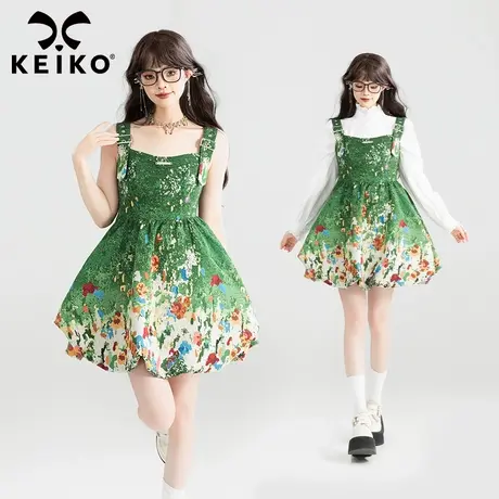 KEIKO 绿野仙踪 油画风提花吊带连衣裙25春夏小个子蓬蓬花苞短裙图片