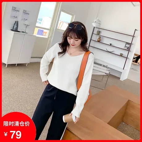 2020秋装新款大码女装长袖V领宽松打底显瘦胖mm针织衫女上衣毛衣图片