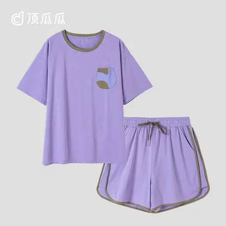 顶瓜瓜家居服女夏季款100%棉SZ捻提条系列女士宽松短袖家居服套装商品大图