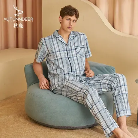 秋鹿【加大码清仓】家居服男开衫套装夏季梭织纯棉格纹短袖睡衣薄商品大图