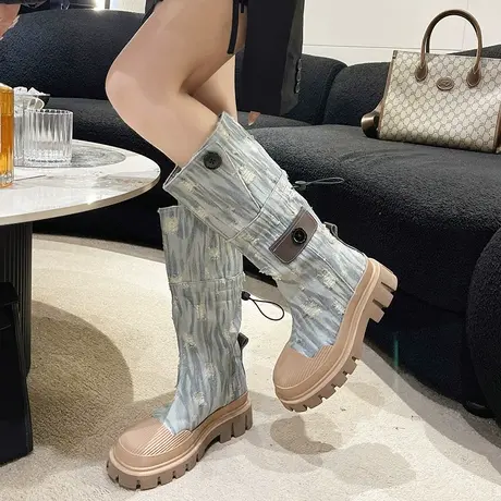 永希西部牛仔靴女2023春秋季新款复古洋气粗跟靴子厚底增高长筒靴图片