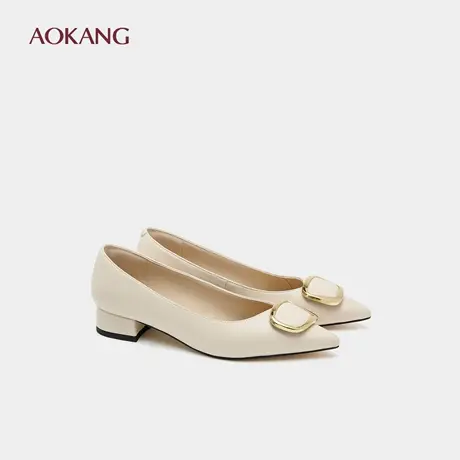 奥康 女鞋秋季百搭通勤静音方扣尖头低跟晚晚风真皮单鞋图片