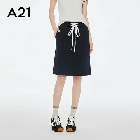 A21女装两色可选系带松紧腰半身裙2025秋季新款简约宽松A字中长裙图片