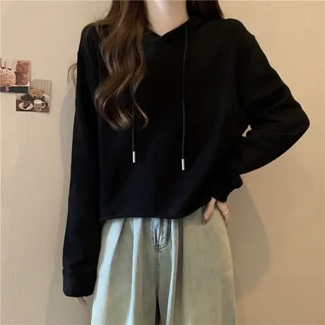 短款卷边下摆连帽卫衣女春秋宽松显瘦百搭纯色简约学生上衣外套潮商品大图