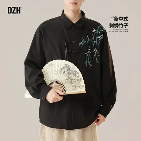 男士中国风黑色衬衫男高级感痞帅订婚礼服新中式男装衬衣男款长袖图片