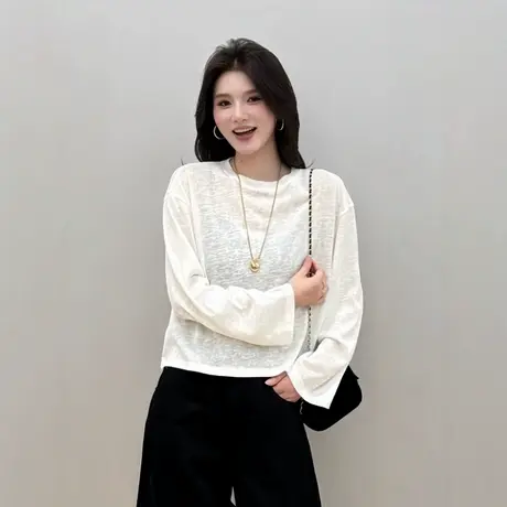 小个子纯色圆领短款长袖t恤女2025新款早秋时尚宽松显瘦休闲上衣商品大图