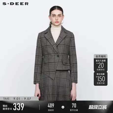 sdeer圣迪奥冬季女装OL风西装领格纹不规则毛呢外套S23482207商品大图