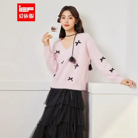 IEF/爱依服2025秋冬新款法式甜美淑女风蝴蝶结V领百搭毛织上衣商品大图