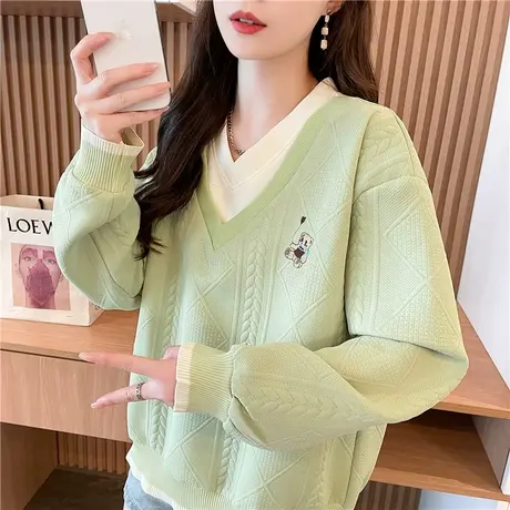 V领卫衣女2025新款春秋季韩版宽松初中生撞色薄款假两件上衣外套商品大图