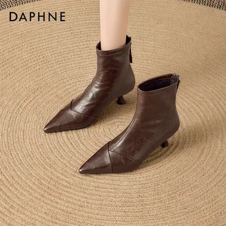 达芙妮高跟尖头棕色短靴女2026新款秋冬加绒复古马丁靴皮靴瘦瘦靴图片