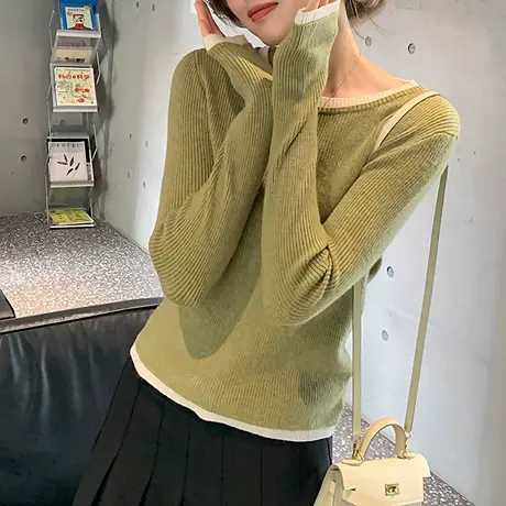 唐狮秋冬季女毛衣撞色假两件设计圆领套头打底外穿修身百搭tu商品大图