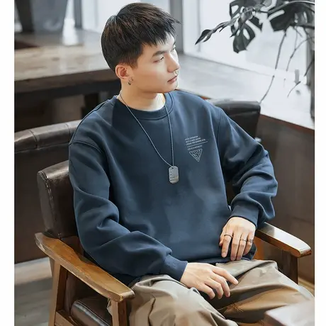 唐狮春季新款圆领卫衣男士美式宽松纯色加绒上衣休闲潮流外套TD商品大图