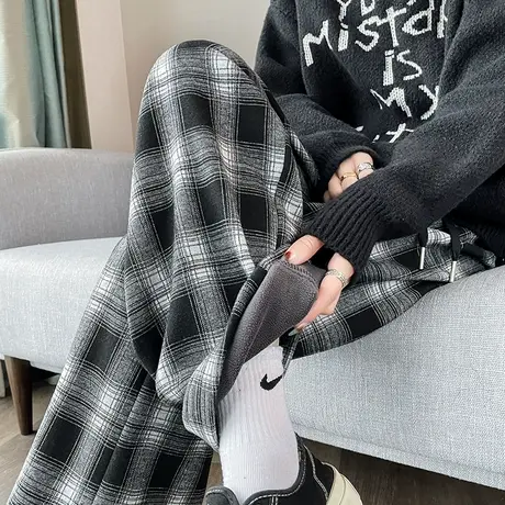 黑白复古格子裤女2023冬季新款高腰垂感显瘦休闲加绒直筒阔腿裤子商品大图