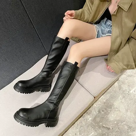 圆头靴子女长筒靴2023年新款显瘦骑士靴小个子粗跟厚底不过膝长靴商品大图