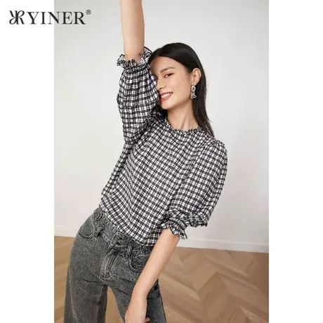 YINER音儿女装2021秋季新款休闲格子五分袖衬衫商品大图