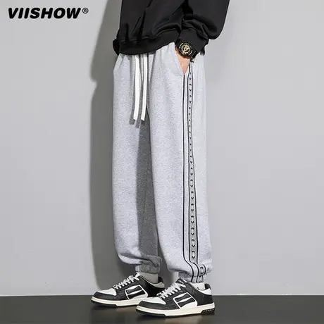 VIISHOW条纹直筒裤子男秋冬季加绒运动卫裤潮牌宽松阔腿休闲长裤商品大图