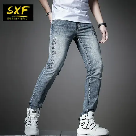 SXF圣希梵牛仔裤男潮 2021春季新款烫钻刺绣修身小脚男士休闲长裤图片
