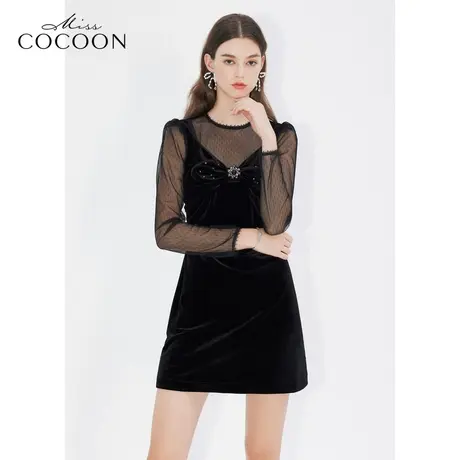 misscCOCOON中长款收腰2023年冬新女气质腰部抽褶透视蕾丝连衣裙图片