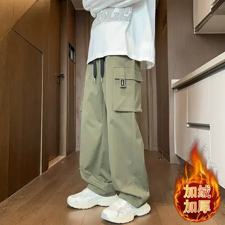 阔腿工装裤子男秋冬款潮牌宽松加绒加厚运动长裤保暖机能风休闲裤商品大图