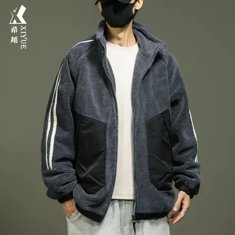 希越冬季保暖羊羔绒外套男士宽松大码设计感条纹撞色拼接棉袄外衣商品大图