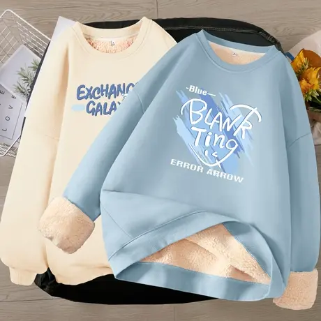 ZR真维斯冬季圆领卫衣女2023年新款加绒加厚蓝色韩式休闲上衣外套图片