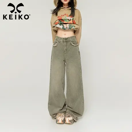 KEIKO 复古毛边做旧直筒牛仔裤2023秋冬高腰垂感阔腿宽松拖地长裤图片