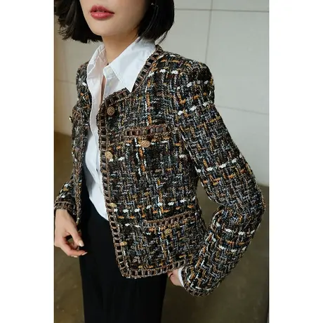 2023秋冬季新款复古百搭小香风粗花呢棕咖格纹女士羊毛短款外套女图片