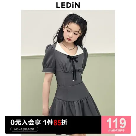 乐町灰白撞色雪纺衫23年夏季新款翻领收腰泡泡袖少女学院风短上衣图片