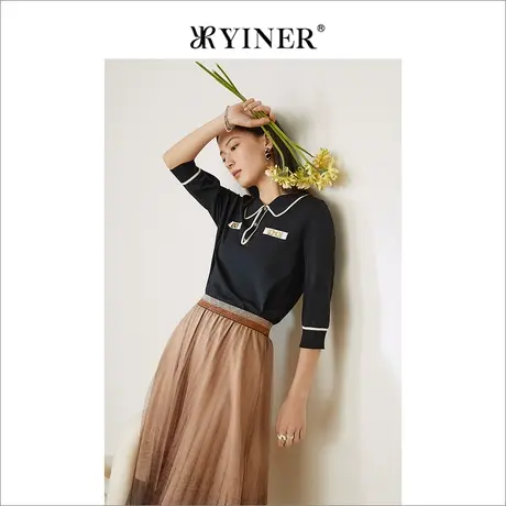 YINER音儿女装2022春季新款撞色七分袖POLO领针织衫图片