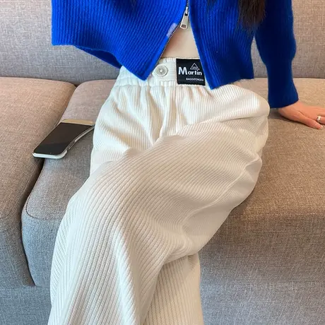 米色雪尼尔阔腿裤女春秋开叉显瘦高腰垂感宽松直筒休闲灯芯绒裤子图片