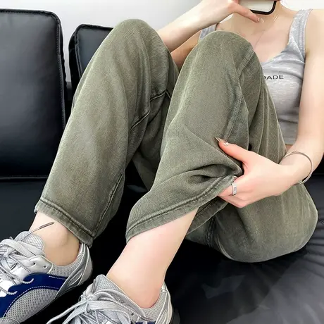 军绿色复古高腰窄版阔腿天丝牛仔裤女夏季薄款遮胯显瘦直筒拖地裤商品大图