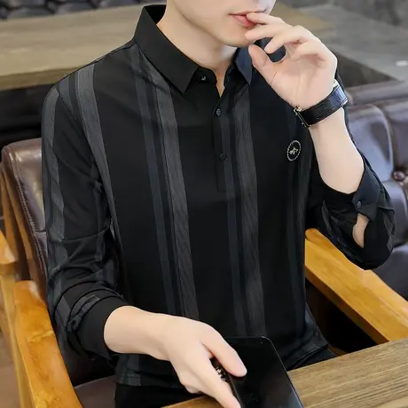 冰丝男士长袖t恤秋季宽松翻领polo衫青年爸爸装条纹体恤潮流上衣商品大图