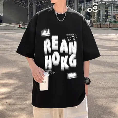 华夫格短袖T恤男夏季美式复古高街vintage潮牌打底衫宽松半袖体恤商品大图